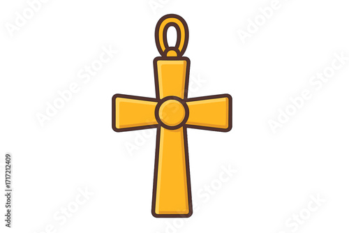 Gold cross pendant jewelry icon. Christian religious symbol of faith and spirituality. Holy crucifix vector illustration. Cartoon flat design element isolated on a transparent background.
