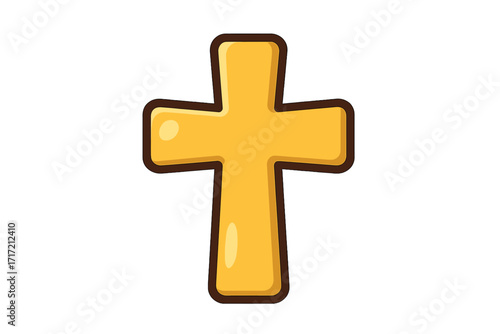 Golden cross icon vector illustration. Christian religious symbol of faith and God. Cartoon style crucifix graphic for jewelry design, holy spiritual concept, flat design element.