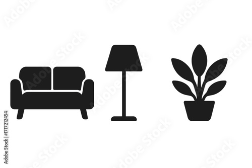 Home decor icon set with minimalist furniture silhouettes. Sofa, floor lamp, and house plant. Vector illustration for interior design concepts. Isolated graphic elements.