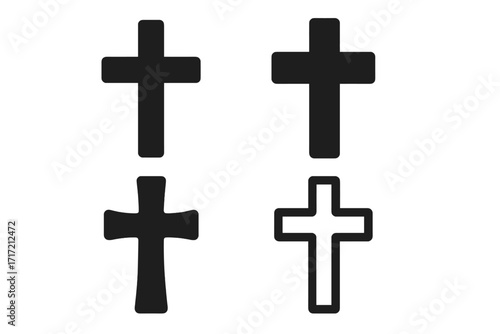 Christian cross symbol icon set. Black silhouette and outline vector graphics. Religious faith crucifix shape design element. Simple holy spirit logo for church branding.
