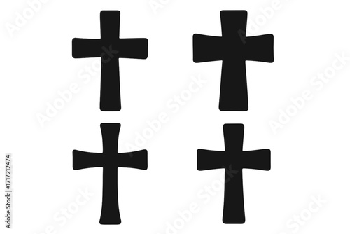 Set of black Christian cross silhouettes. Religious symbol of faith, crucifix, and catholicism. Vector icon illustration for Easter, church, spiritual design, and holy concepts.