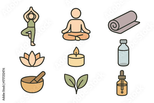 Yoga meditation and wellness essentials icon set. Vector cartoon illustration of tree pose, lotus position, yoga mat, essential oil, candle and lotus flower symbols.