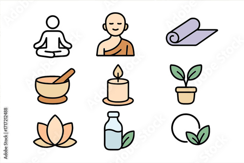 Minimalist icons for wellness and mindfulness. Vector set for yoga, meditation, spa, and Ayurveda. Includes lotus flower, monk, candle, mortar pestle, and yoga mat concept.
