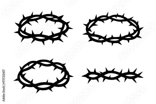 Crown of thorns silhouette vector icon set. Jesus Christ passion symbol. Christian religious illustration for Easter and Good Friday. Suffering, sacrifice, faith concept.