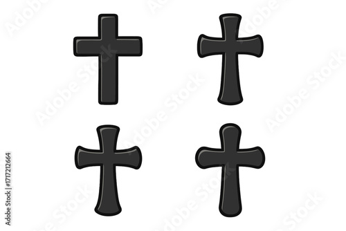 Set of black Christian crosses. Religious symbol silhouette collection. Vector icons for faith, God, Jesus, and spirituality. Holy crucifix sign for church and belief concepts.