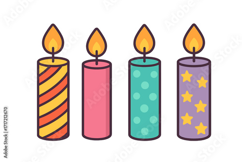 Set of colorful birthday candles vector illustration. Flat cartoon icon pack for party celebration. Decorative burning wax candle with stripes, polka dots, and stars pattern.