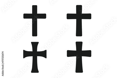 Christian cross silhouette vector icon set. Collection of black religious symbols of faith. Latin, Catholic and Protestant crosses. Holy crucifix sign for church and god.