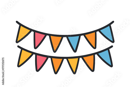 Party flags garland for celebration. Bunting decoration for birthday, festival, carnival. Holiday background. Colorful pennant banner hanging. Vector cartoon illustration.