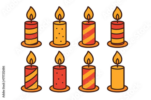 Cartoon candle icon set for celebration. Burning candles with flame vector illustration. Flat style decorative wax light collection with patterns for birthday, holiday, or memorial.