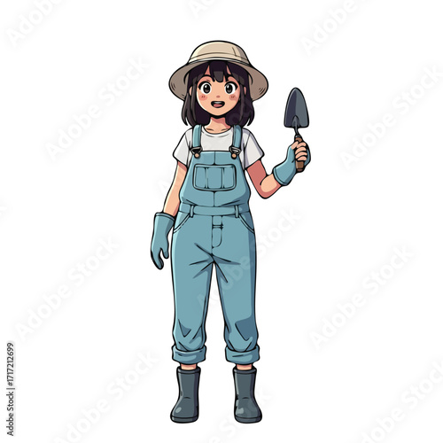 Cheerful Anime Girl Gardener with Trowel and Hat.