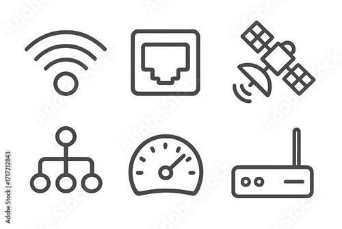 Internet connection line icon set. Technology outline symbols for UI design. Wifi, router, ethernet, satellite communication. Network speed test meter. Data transfer concept.