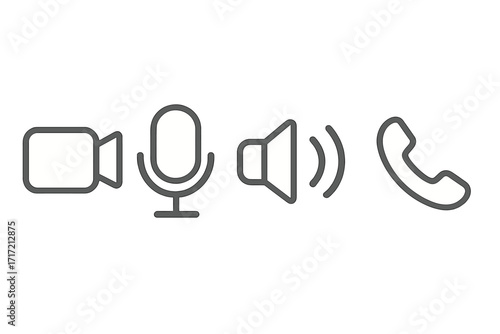 Video call interface icons set. UI kit for web and mobile apps. Vector symbols for online meeting, conference, and communication. Camera, microphone, sound, end call buttons.
