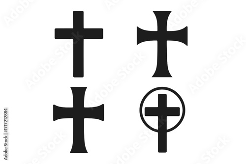 Christian cross vector icon set. Religious faith symbol collection. Black silhouette shapes. Crucifix, God, Catholic, Jesus, holy sign. Latin, pattee style graphic.