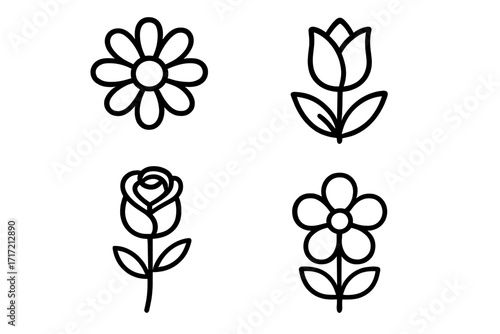 Flower icons set vector graphics. Collection of four simple floral outline symbols in a minimalist line art style. Rose, tulip, daisy, and chamomile flowers for logo design.