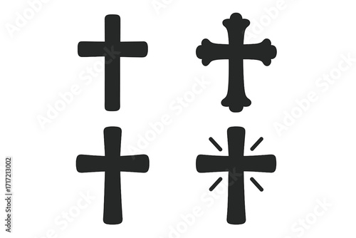 Christian cross symbol icon set. Black religious silhouette collection. Vector graphic elements for faith, spirituality, church, and God. Holy crucifix design illustration.