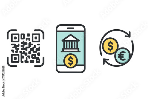 Digital payment vector icon set for financial technology. Includes QR code scan, mobile banking app, and currency exchange symbols. Money transfer and online transaction concept.