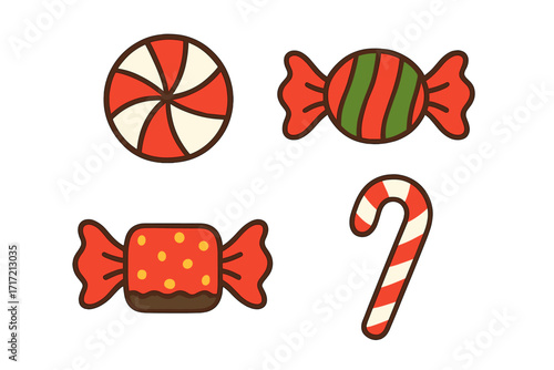 Christmas candy vector icon set. Holiday sweets collection with candy cane, peppermint and wrapped desserts. Flat cartoon illustration for festive winter decoration design.