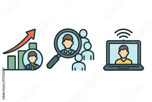 Business growth and employee career success chart. Recruitment icon, find talent, hiring search concept. Remote work, online meeting on laptop. Vector icon set illustration.
