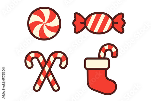 Christmas candy icon set. Holiday sweets collection. Peppermint, candy cane, stocking. Flat cartoon vector illustration for winter festive decoration, greeting card, web element.