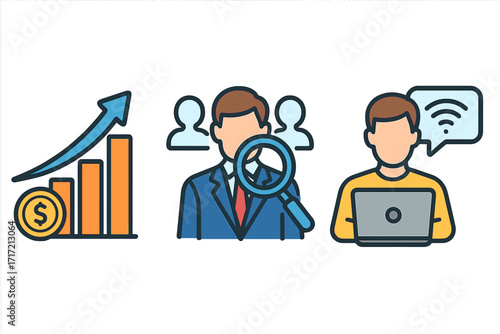 Business growth chart, recruitment HR concept, and remote work from home icon set. Vector infographic elements for finance, hiring talent, and freelance career illustration.
