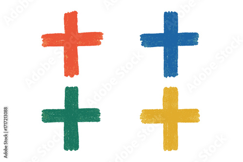 Colorful cross symbol set. Hand-drawn plus signs with a crayon texture. Vector doodle illustration collection. Isolated graphic design elements. Red, blue, green, yellow icons.