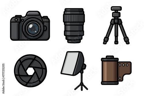 Photography equipment icons set. Vector cartoon illustration of camera, lens, tripod, shutter, softbox, film roll. Professional photo studio gear for photographer design.