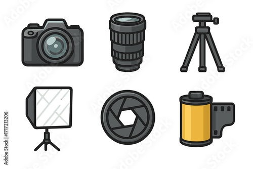 Photography equipment icon set. Photo camera, lens, tripod, studio softbox light, shutter aperture and film roll. Vector cartoon graphic symbols for photographer gear.