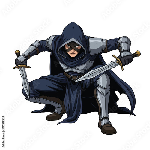 Armed Assassin in Dark Armor Holding Two Daggers Crouching.