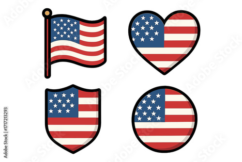 American flag icon set. USA national symbol collection. Vector illustration of US flag on pole, heart, shield, circle. Patriotic badge, sticker for 4th of July, Memorial Day.