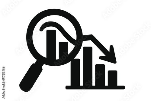 Financial crisis analysis icon. Magnifying glass over decreasing bar chart with down arrow. Business loss, economic recession, stock market crash, data analysis vector concept.
