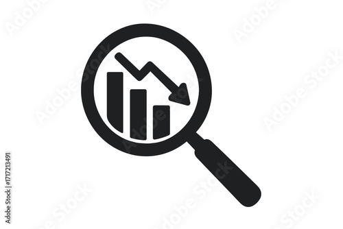 Magnifying glass with falling graph icon. Financial crisis, market crash analysis. Business problem, investment loss, budget recession concept. Stock data decrease vector.