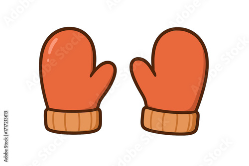 Warm pair of cute winter mittens. Cartoon vector illustration of knitted gloves. Simple icon for cold weather apparel, Christmas and holiday season design elements. Isolated.