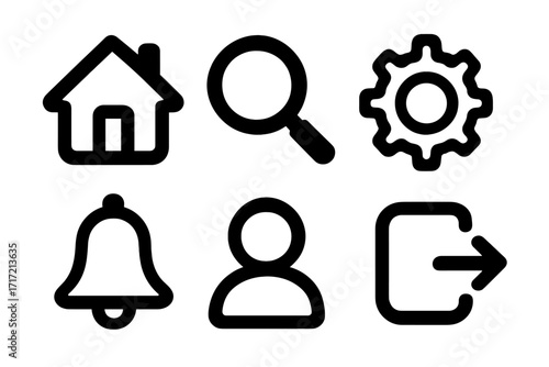 User interface outline icon set. Essential web and mobile app navigation symbols. Home page, search, settings cog, notification bell, user profile, and login or logout signs.