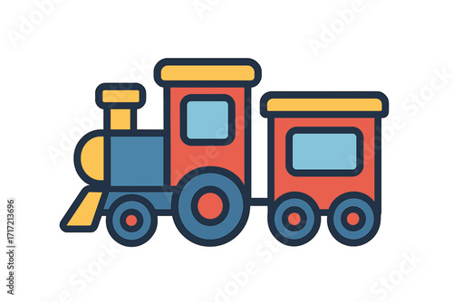 Toy train vector illustration for kids. Colorful cartoon locomotive with wagon icon. Flat design steam engine graphic for children's playtime, baby shower, or nursery decor.