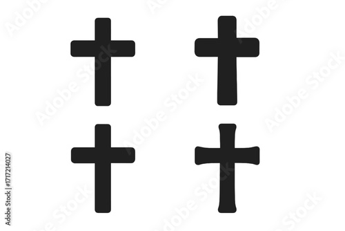 Christian cross icon set. Black flat vector graphic symbols of christianity, religion and faith. Simple crucifix silhouette collection for church, bible, or Easter design.