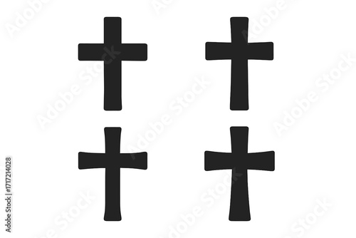 Black Christian cross icon set. Flat vector symbols of faith and religion. Collection of simple crucifix silhouette signs for church, Easter, and Good Friday. Holy spiritual graphic element.
