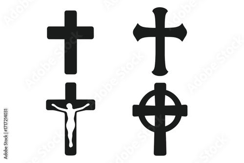 Christian cross black silhouette icon set. Vector collection of religious symbols including crucifix, Celtic cross and Latin cross. Faith, spirituality and catholicism design elements.