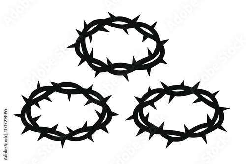 Crown of thorns vector icon set. Symbol of the passion of Jesus Christ. Religious silhouette for Easter and Good Friday. Metaphor for suffering, sacrifice, and salvation.