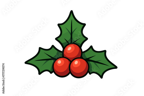 Christmas holly berry icon. Vector illustration for winter holiday design. Festive plant symbol with green leaves and red berries. Xmas decoration element, flat cartoon style.
