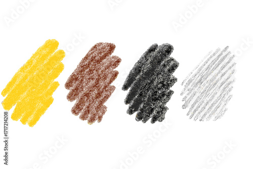 Vector set of hand-drawn crayon strokes. Collection of colorful pencil sketch scribbles. Textured charcoal hatch marks for design. Doodle grunge brush effect on white.