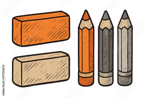 Pencil and eraser set vector illustration. Hand-drawn cartoon sketch for school and art supplies. Stationery tools for drawing and writing with a colored charcoal texture.
