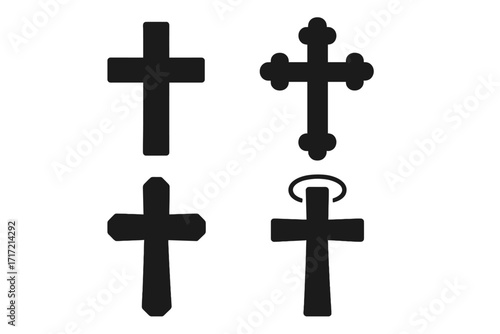 Christian cross black silhouette icon set. Religion symbol collection. Vector graphic element for Christianity, faith, and church design. Holy crucifix in various shapes.