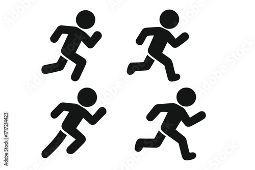 Running man icon set. Runner silhouette symbol collection for fitness and exercise. Vector illustration of a person sprinting or jogging. Stick figure pictogram for sport and marathon.