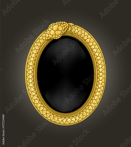 Mystic obsidian mirror surrounded by golden serpent frame