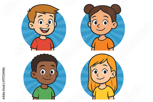 Set of diverse children portraits. Collection of multicultural kids avatars. Happy smiling boy and girl faces. Cute cartoon vector illustration for profile icon or education.