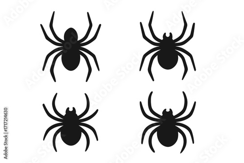 Set of black spider silhouettes. Vector collection of arachnid icons. Simple flat spooky bug symbol for Halloween design. Poisonous tarantula sign for fear and horror.