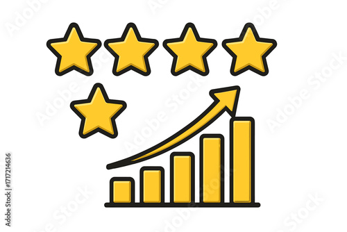 Star rating and growth chart vector icon. Customer review, feedback, quality evaluation symbol. Metaphor for success, improvement, increased sales and high performance.