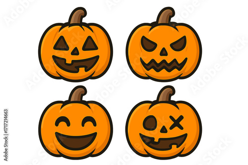 Halloween pumpkin character face set. Jack o lantern emoticon collection. Cute, angry, happy, spooky emoji icons. Autumn holiday vector cartoon graphic illustration design.