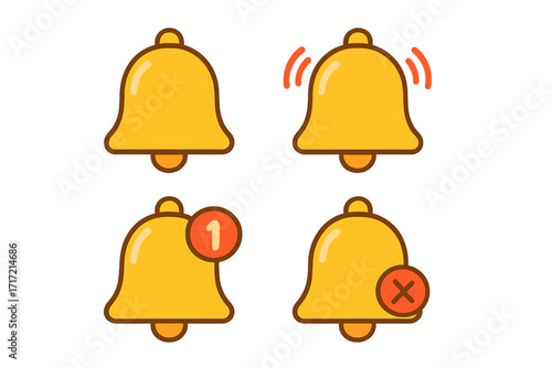 Notification bell icon set. Vector cartoon illustration. Alert, reminder, new message, subscribe, and unsubscribe concepts. UI and UX design elements for web and apps.