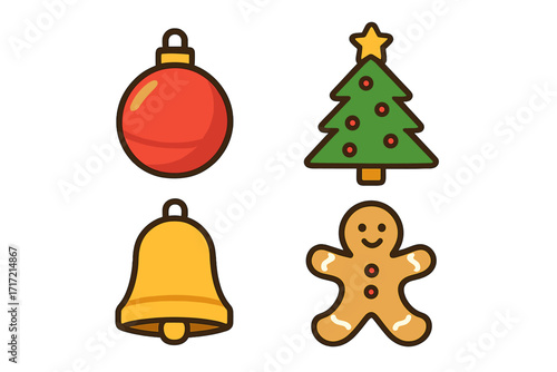 Christmas icon set in flat cartoon style. Vector illustration collection of holiday symbols. Xmas tree, gingerbread man, jingle bell, and bauble decoration elements.
